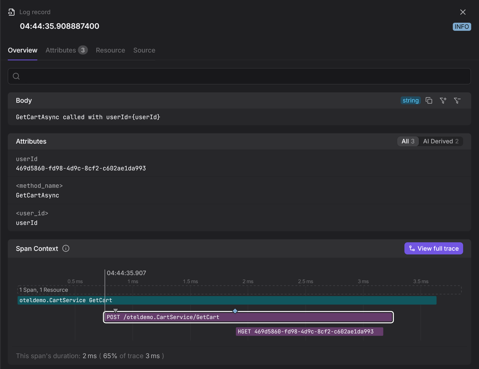 OpenTelemetry log record in Dash0