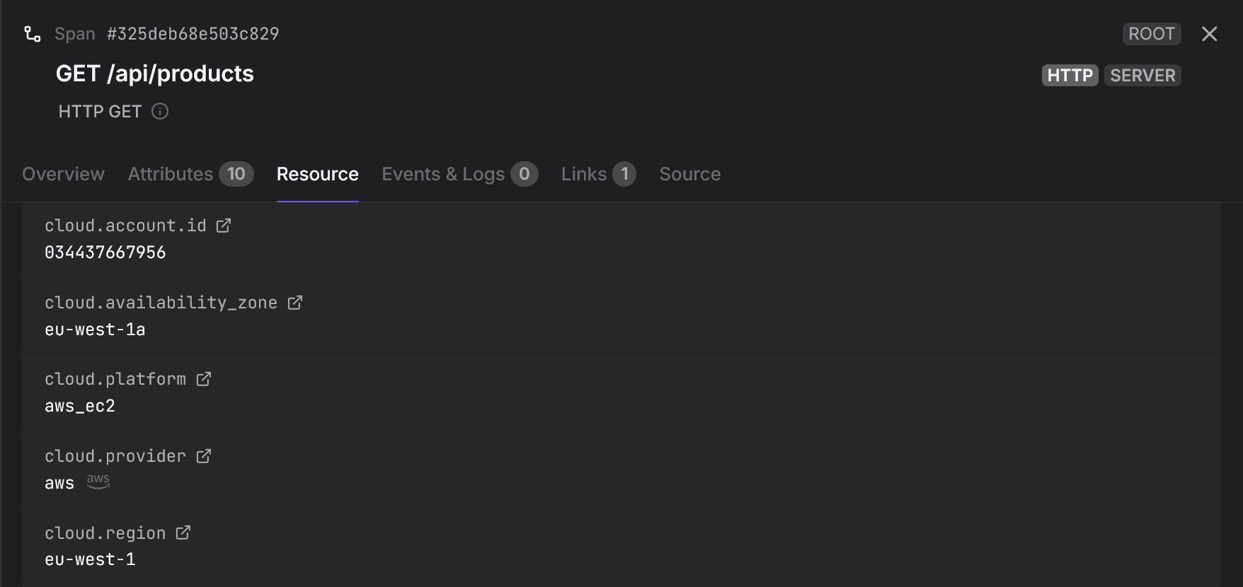 A cross-section of some cloud resource attributes in Dash0