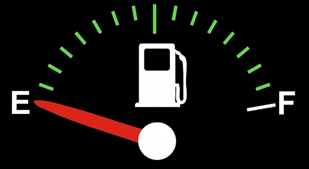 Fuel gauge near empty, representing limited serverless resource availability.
