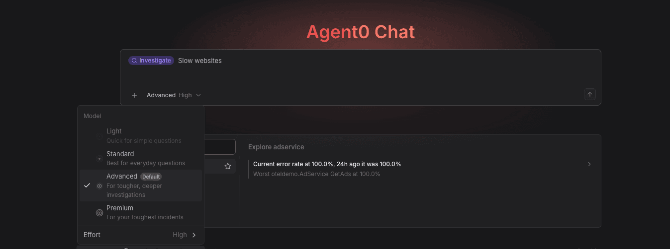 Model picker in the Agent0 Chat prompt toolbar listing the Light, Standard, Advanced, and Premium levels