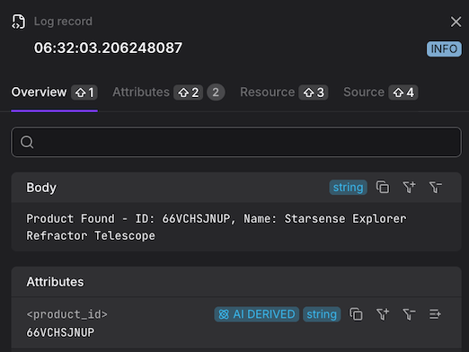Log record panel showing pattern match popup and AI Derived attributes