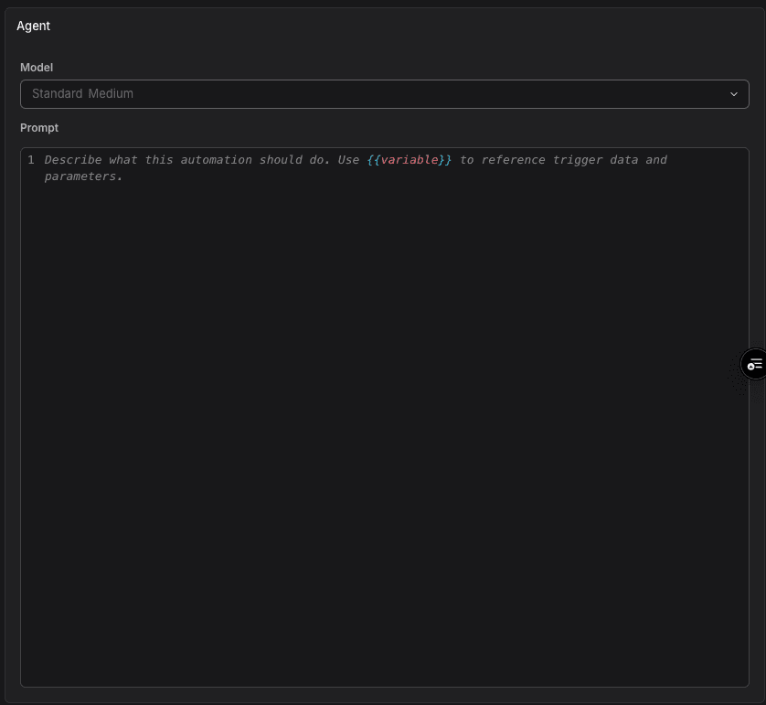 Agent section of the automation form showing the Model field above the Prompt editor