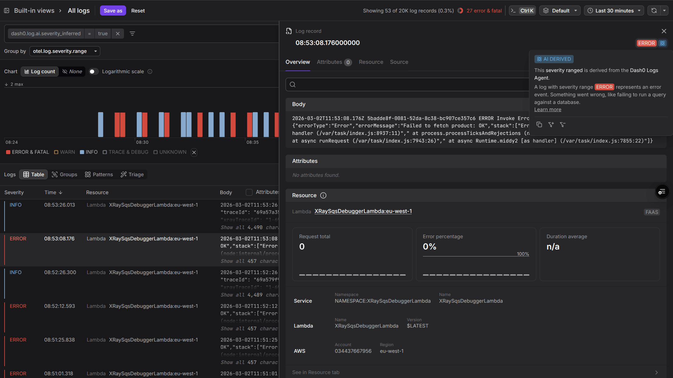 AI Inferred label next to the Severity Indicator in the Log Sidebar