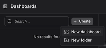Dashboard Create menu showing New dashboard option