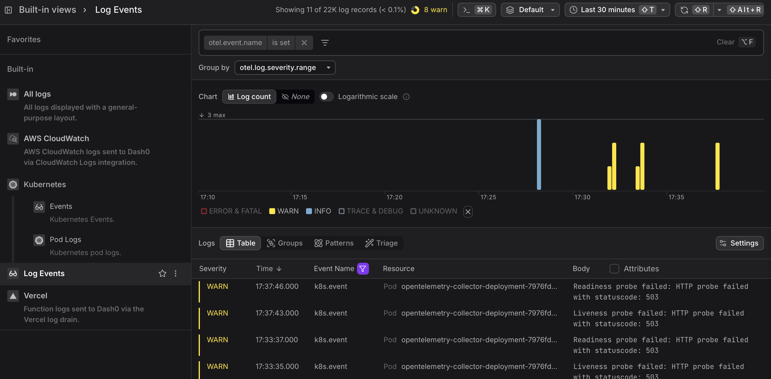 The Log Event view