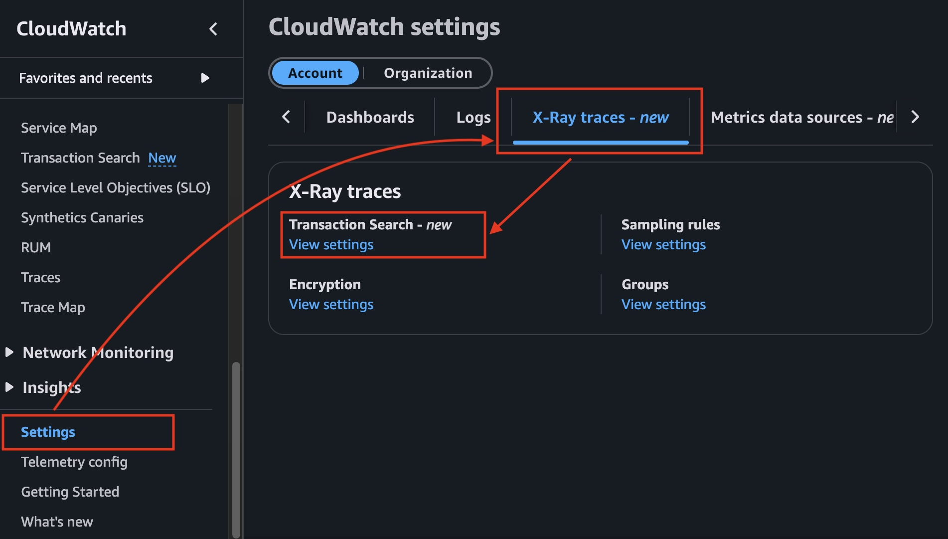 View transaction search settings
